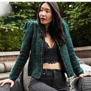 Express Lurex Chain Metallic Emerald Green Sweater Cardigan Jacket Puff Shoulder
